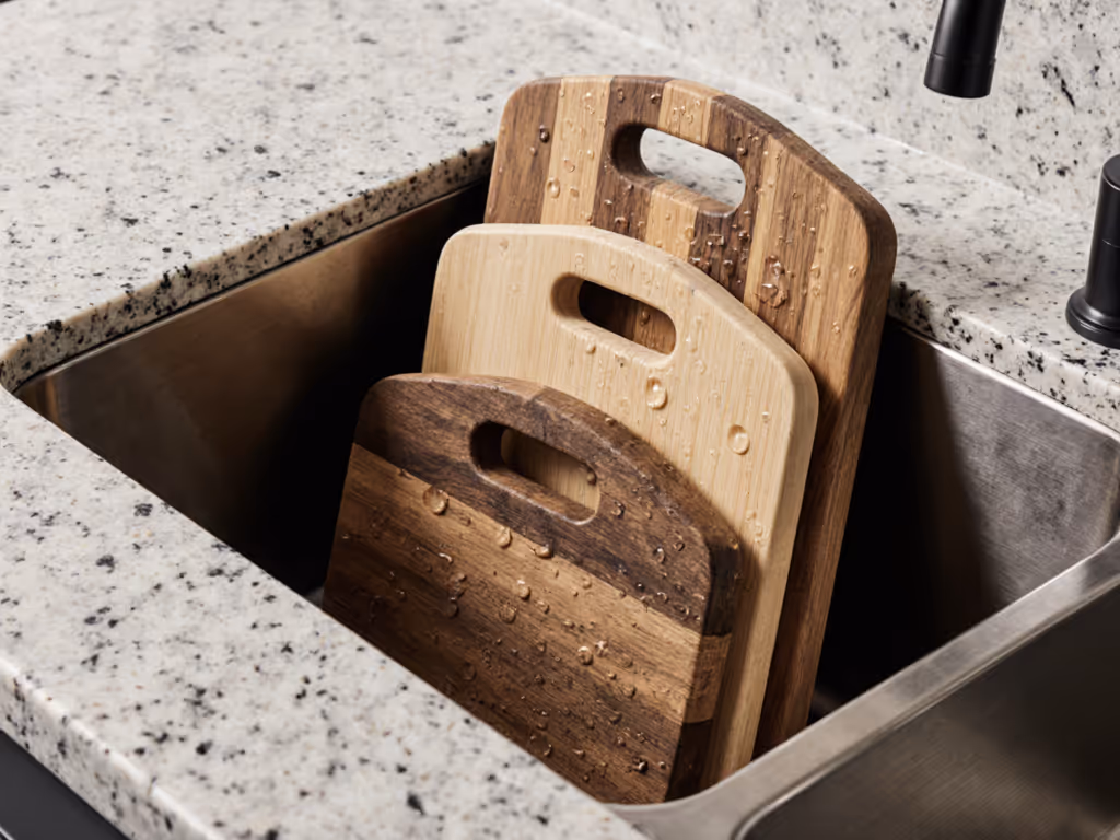 wooden_cutting_boards_drying_vertically_in_narrow_sink