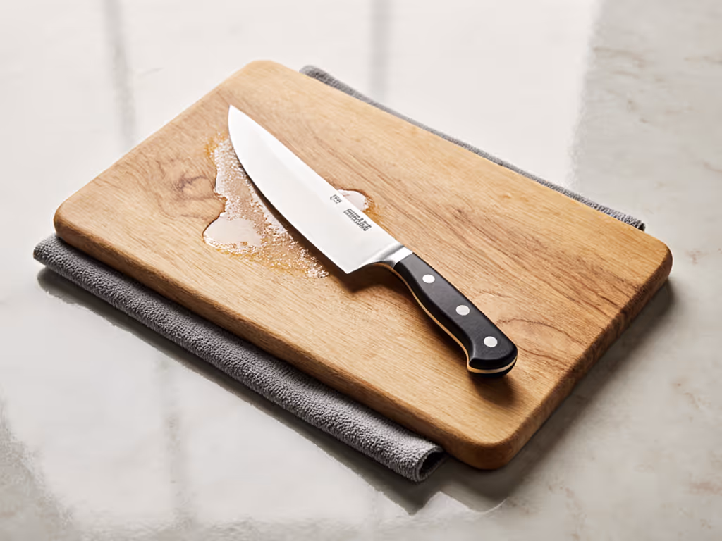 close-up_of_damp_towel_under_cutting_board_with_knife_resting_securely