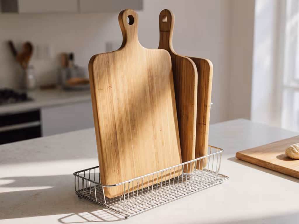 vertical_bamboo_cutting_board_drying_on_rack